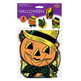 Halloween Classics Cutouts 4pc Set – Vintage Black Cat Face, Witch on Broom, Cat Scratch & Scarecrow Pumpkin Head Wall Décor