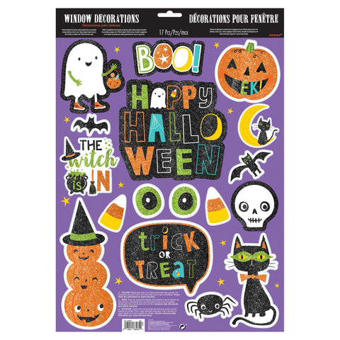Halloween-Friends glitter window Decorations  Assoted sized  Halloween Characters  on 17" x 12" sheet