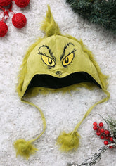 Officially licensed Dr. Seuss Grinch Deluxe Hoodie Hat with fuzzy green faux fur and pom poms available in Manahawkin, NJ, shown on a festive atificial snowy back ground