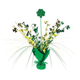 Metallic shamrock centerpiece showing gleam spray design and festive green accents
