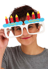 Large Happy Birthday glasses with white frames, red candles, and blue detail available in Manahawkin, NJ, wearable birthday party accessory and photo booth prop.