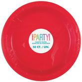 Retail packaging of Ruby Red Solid Round 10 inch Plastic Dinner Plates 50 count disposable plates
