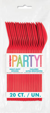 Retail packaging of Red Premium Plastic Spoons 20 count reusable disposable cutlery