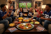 Group of people watching a football game and celebrating with snacks on this football tray they purchased at Party Fair in Manahawkin NJ