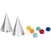 Silver Foil Party Hats with Scalloped Edge and Pom Pom 6ct Package