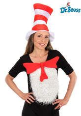 Person Wearing Licensed Dr. Seuss Cat in the Hat deluxe accessory kit with striped hat, bow tie, and chest patch available in Manahawkin, NJ.