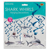 Shark whirl decorations packaging showing 12 piece set with hanging spirals