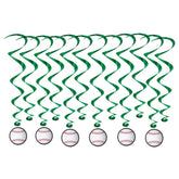 Baseball Hanging Whirls Decorations – 12 Pack with Icons & Green Swirls