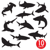 Shark black cutout silhouettes party decorations 10–15 inch set of 10 at Party Fair Manahawkin NJ beach theme decor