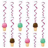 Ice Cream Hanging Whirls – 12-Piece Set (6 with Icons, 6 Plain) – 15"–25½" Spiral Decorations for Summer Parties & Ice Cream Socials