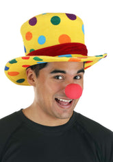 Plush yellow polka dot party hat with red ribbon band and adjustable fit available in Manahawkin, NJ.