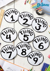 Dr. Seuss Thing 1-9 iron-on patch set with nine 5-inch white patches featuring black print available in Manahawkin, NJ for Spirit Week