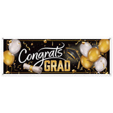 Congrats Grad graduation banner with black background and gold silver balloon design party decoration available in Manahawkin NJ