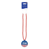 Retail packaging for the 33 inch patriotic plastic beads with 250th birthday commemorative medallion.