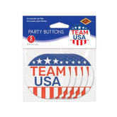 Retail packaging for the 5-count pack of 2 inch patriotic Team USA pin-back buttons.