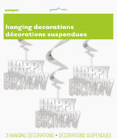 Silver 32" Foil "Happy Birthday" Hanging Swirl Decorations 3ct