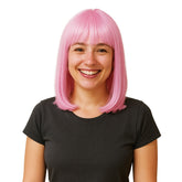 Bright pink long bob costume wig displayed on mannequin head, vibrant pink hair accessory available for shoppers in Manahawkin, NJ