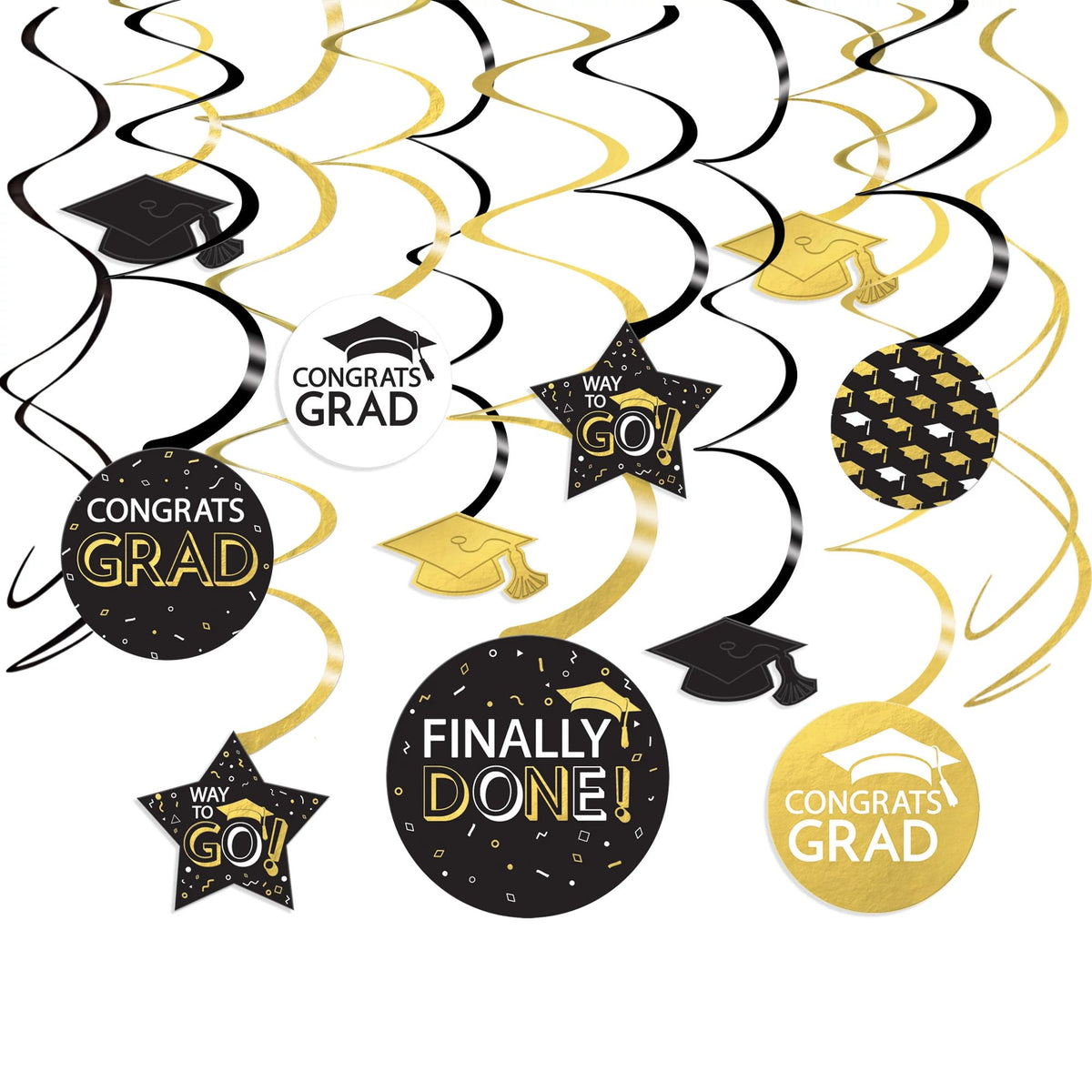 Graduation Black, Silver, and Gold  Swirl Decorations