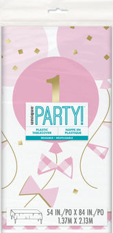 Pink Gingham 1st Birthday Rectangular Plastic Table Cover 54" x 84" – Party Tablecloth