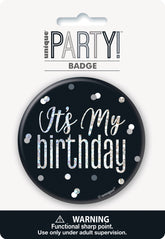 Black & Silver Birthday Badge – Glitz “It’s My Birthday” Celebration Pin