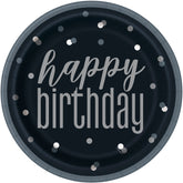 Happy Birthday Dinner Plates – Glitz Black & Silver 9-Inch Party Plates (8ct) | Stylish Disposable Tableware for Adult Birthday Celebrations