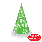 Happy New Year 12" Cone Hat – Blue, Green, Pink, or Orange (1-Pack)