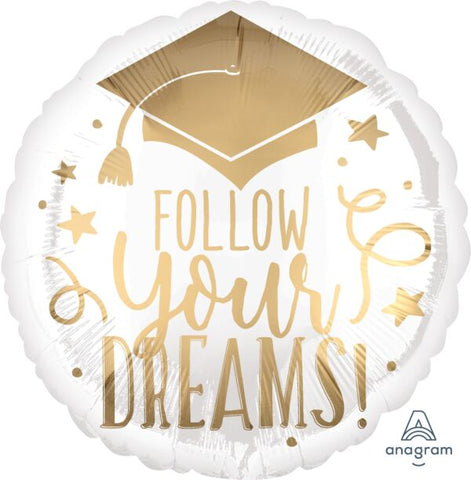 17" Follow Your Dreams White & Gold Mylar Balloon