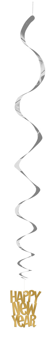 New Year’s Gold & Silver Hanging Swirl Decorations – 26", 3-Pack