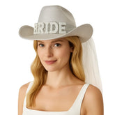 Bride Cowboy Hat with Veil in Manahawkin, NJ at Party Fair, shown from the front in silver and white