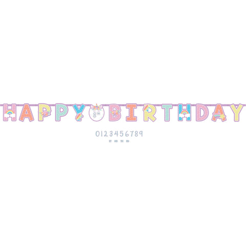 Unicorn Party design Banner kit 10' x 10" mutlicolor unicorn design and ready to add any age to the caption   "Happy.     birthday"