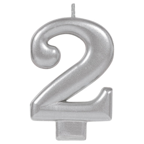 Birthday Candle Silver Metallic 3 1/4"  Number 2