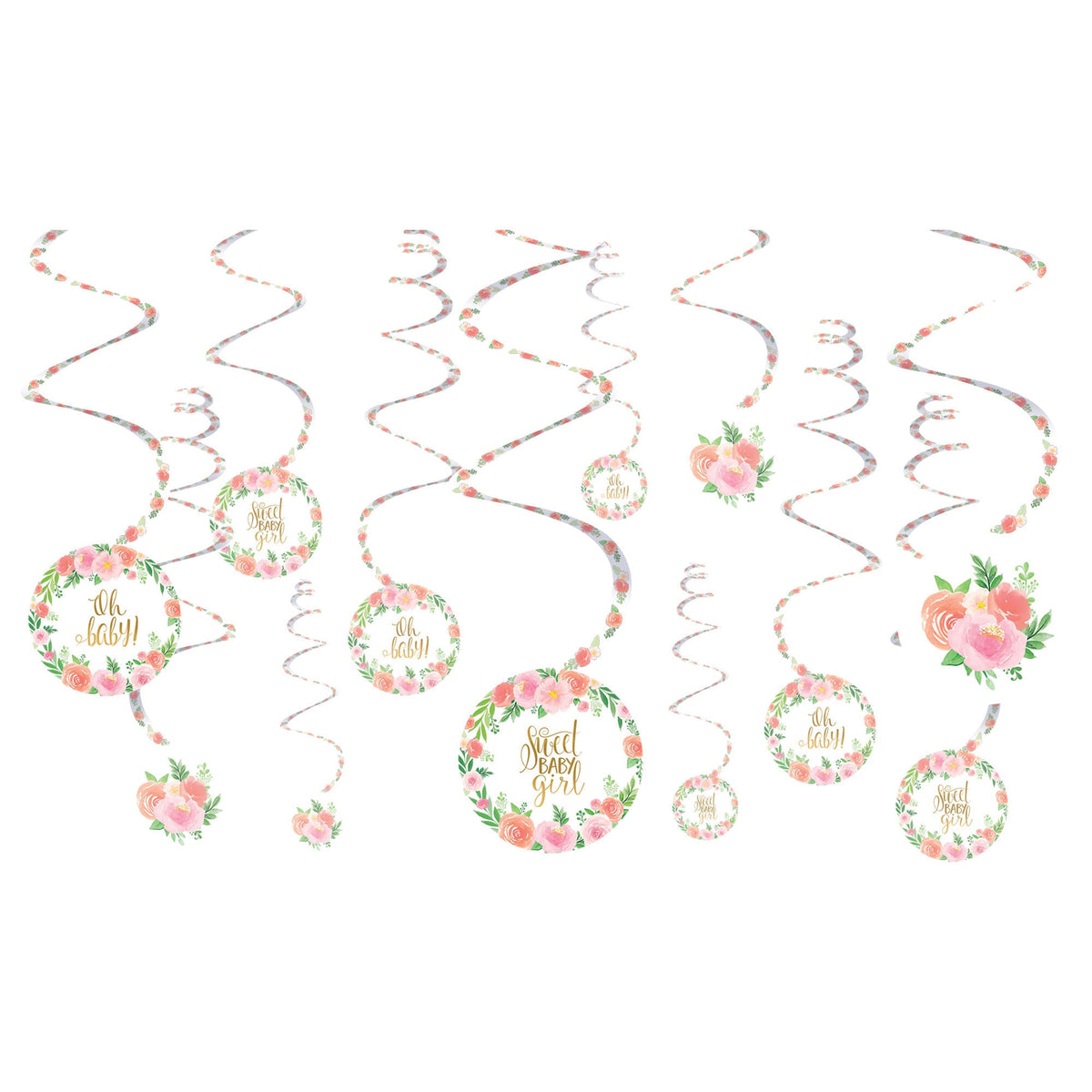 Floral Baby Girl Spiral Decorations Package of 12