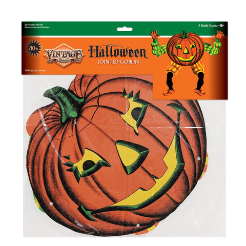 Vintage Halloween Jointed Jack-O-Lantern Goblin Decoration - 30” Double-Sided Printed, Spooky Holiday Home Decor