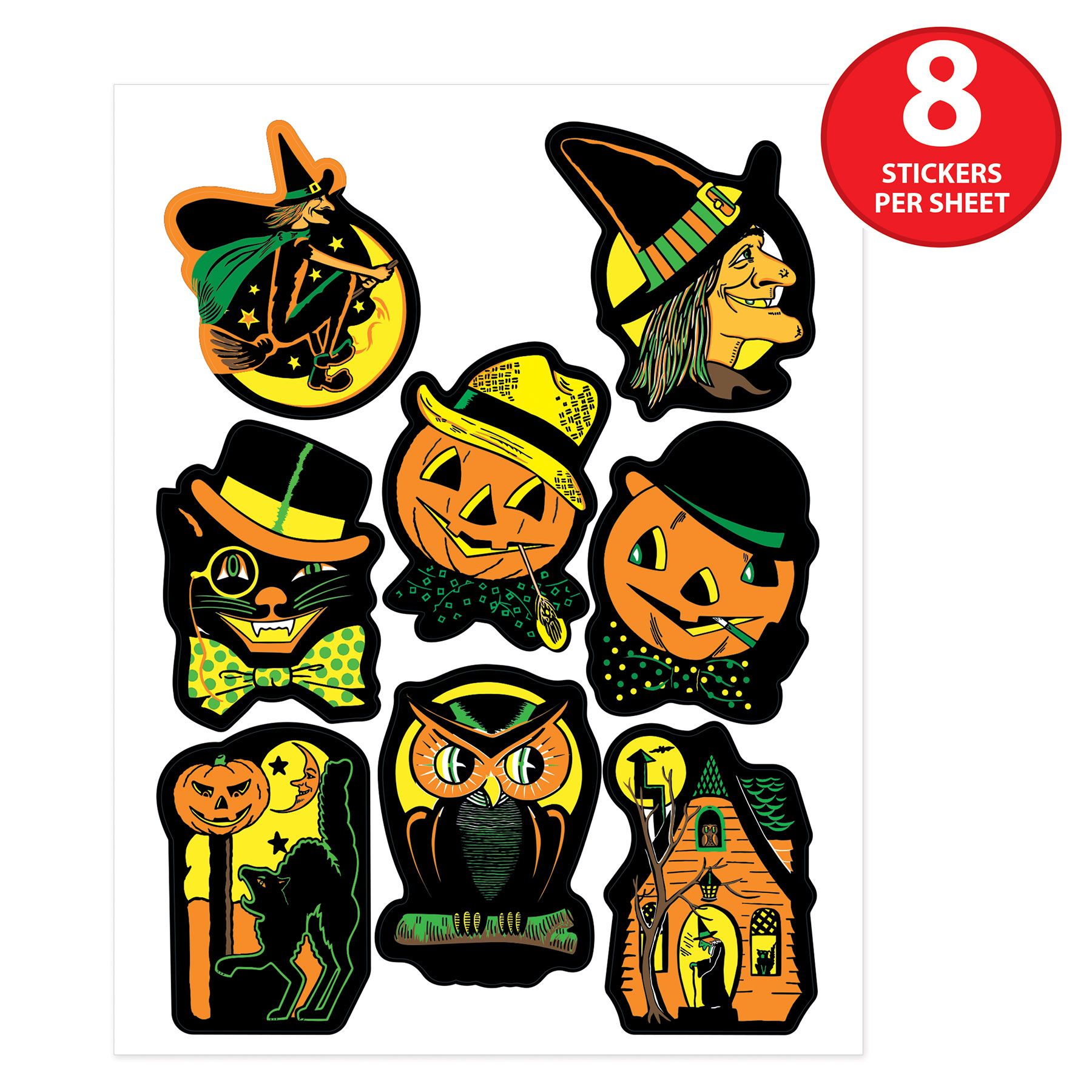 Halloween Stickers Vintage Style 4 sheets , 8 stickers per sheet