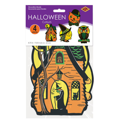 Halloween Classics Cutouts 4pc Set – Owl, Witch, Haunted House, Pumpkin Head Wall Decorations