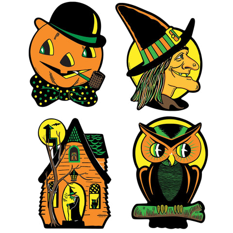 Halloween Classics Cutouts 4pc Set – Owl, Witch, Haunted House, Pumpkin Head Wall Decorations