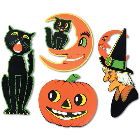 Vintage Halloween Paper Cut-Out Decorations – Set of 4, Double-Sided Printed, 14"–23" Retro Wall Decor
