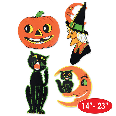 Vintage Halloween Paper Cut-Out Decorations – Set of 4, Double-Sided Printed, 14"–23" Retro Wall Decor