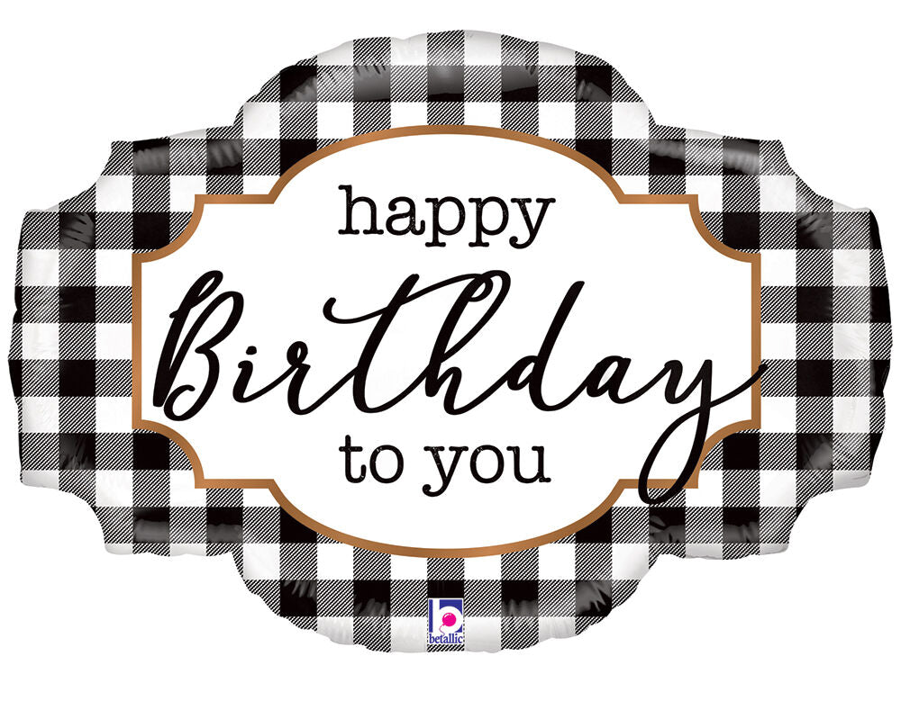 Buffalo Plaid Birthday Balloon in Manahawkin, NJ at Party Fair, featuring a bold black-and-white checkered design on an oversized 32-inch balloon.