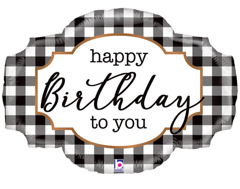 Buffalo Plaid Birthday Balloon in Manahawkin, NJ at Party Fair, featuring a bold black-and-white checkered design on an oversized 32-inch balloon.