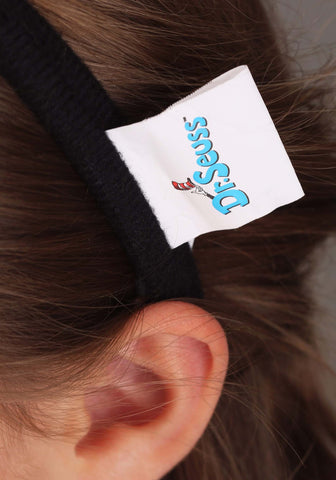 Dr. Seuss Cat in the Hat glitter headband displayed in official retail packaging with branded tag attached