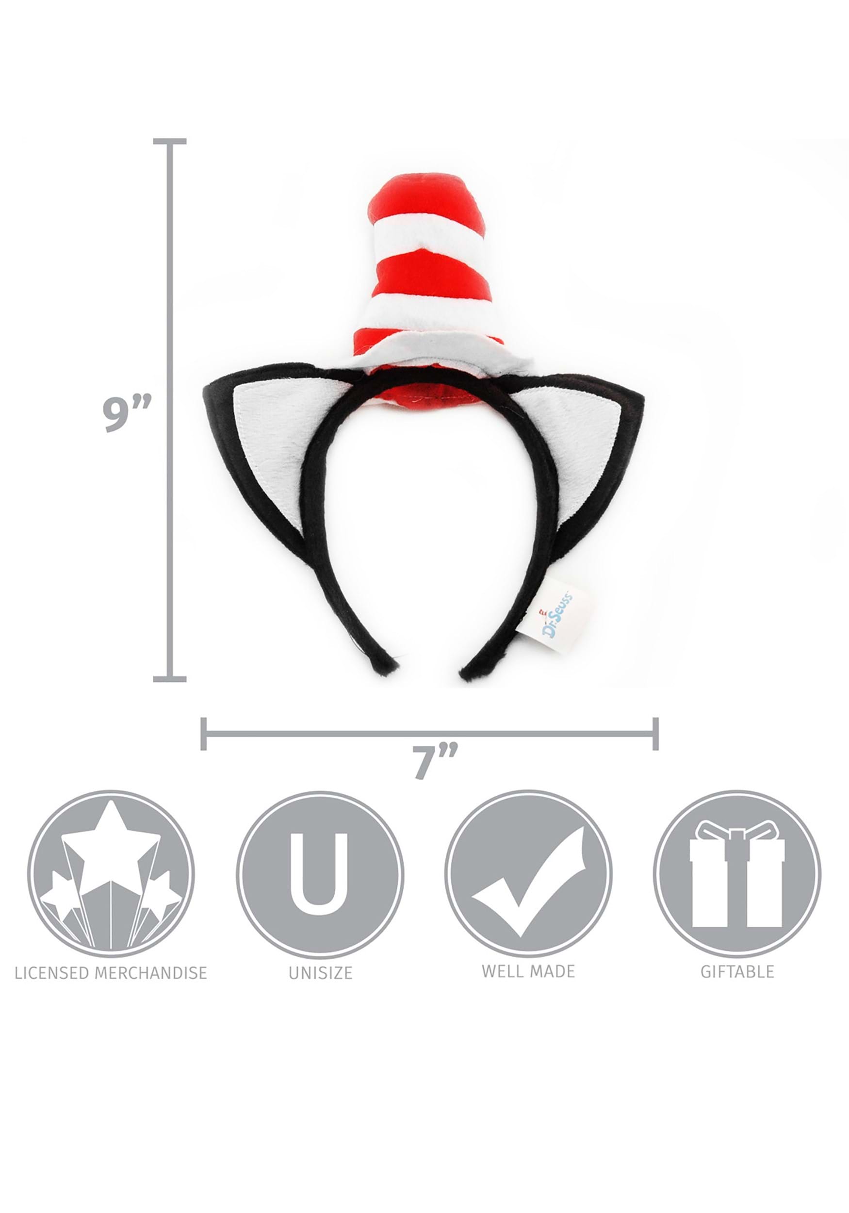 Officially licensed Cat in the Hat headband with dimensions and quality indicators on a white background