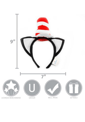 Officially licensed Cat in the Hat headband with dimensions and quality indicators on a white background