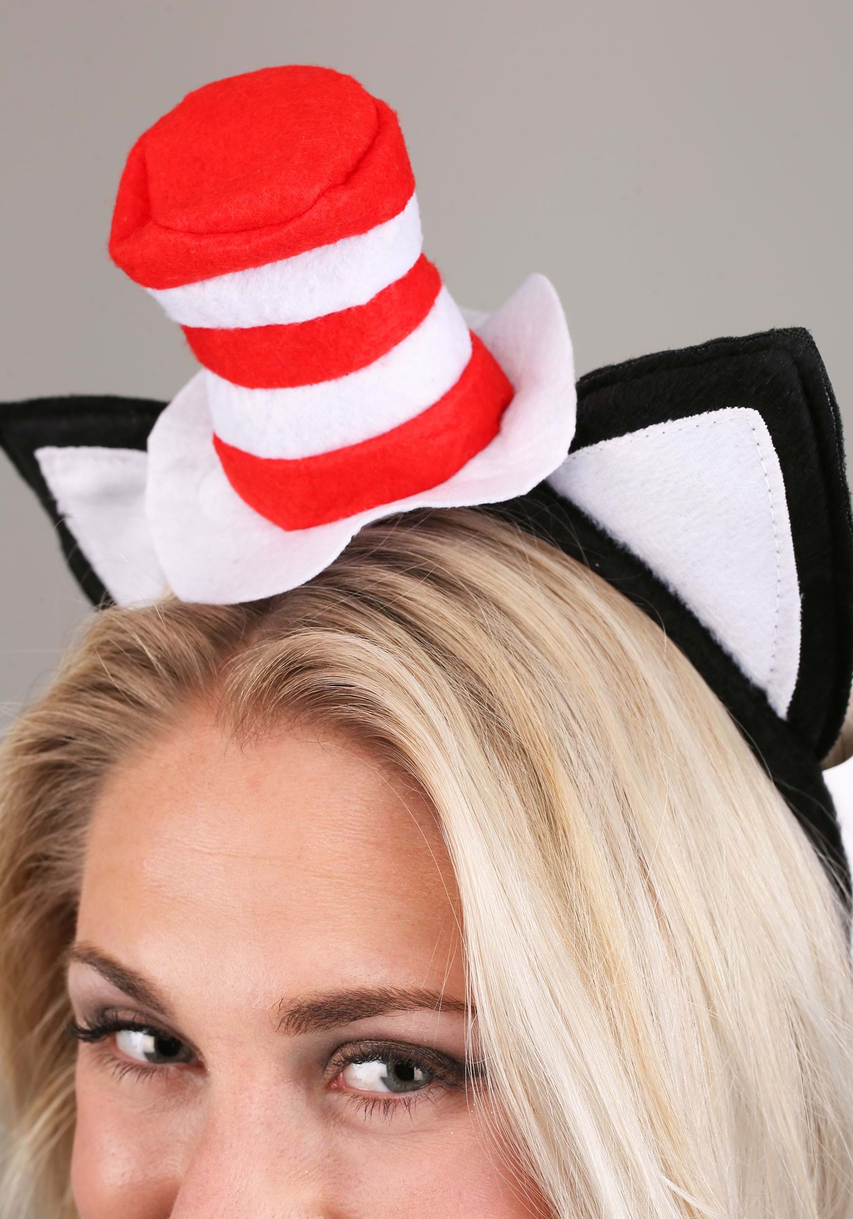 Close-up showing size and placement of felt hat on Official Dr. Seuss headband 