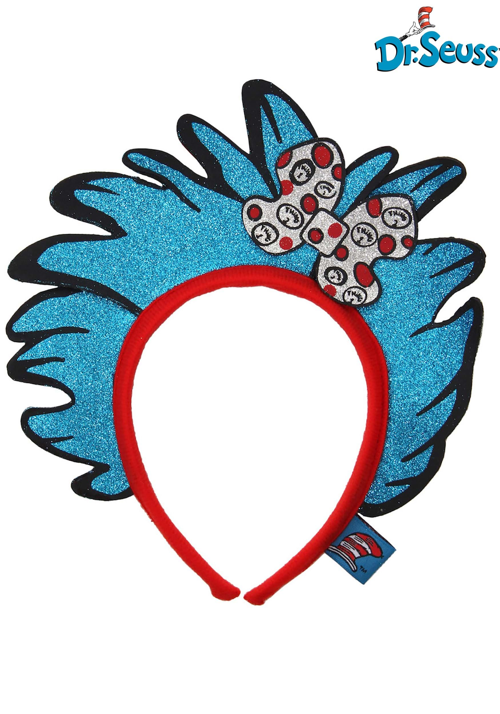Close-up of foam glitter hair attached to headband inspired by Thing 1 and Thing 2 with official logo displayed
