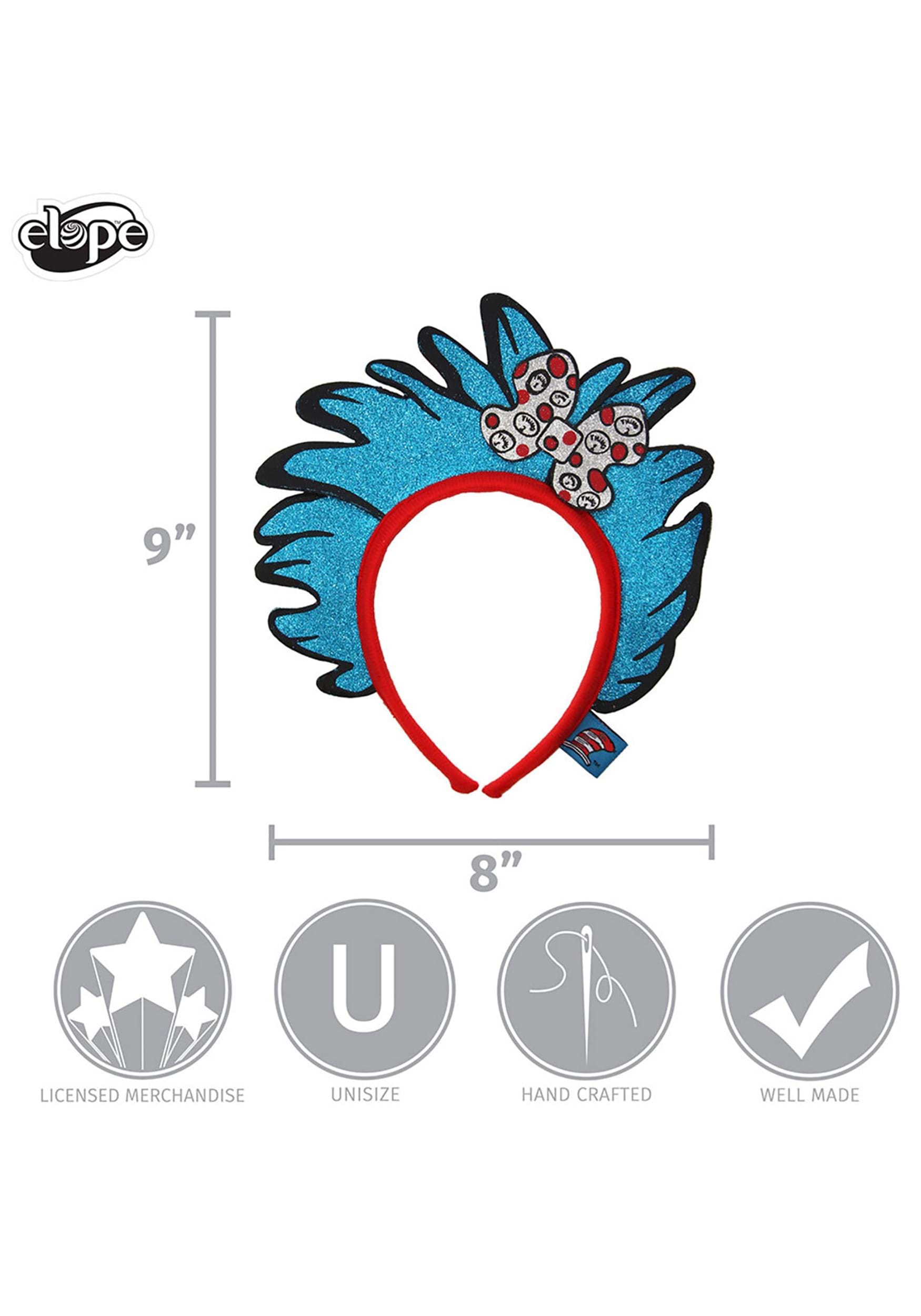 Thing 1 and Thing 2 glitter hair headband showing width and height for sizing reference