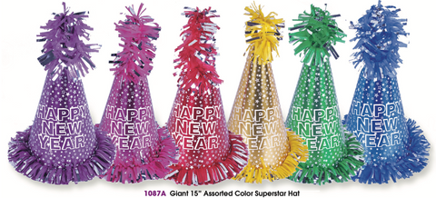 Giant 15” Assorted Color “Happy New Year” Super Star Cone Hat | New Year’s Party Hat
