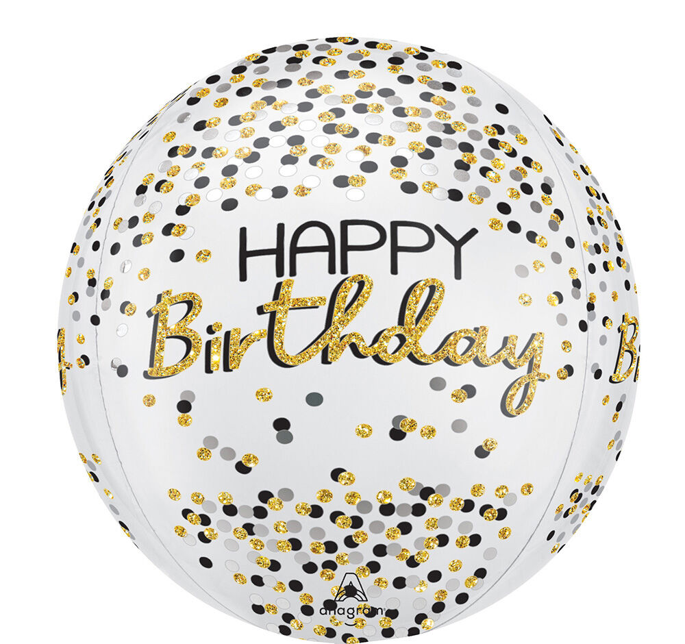 
Happy Birthday Orbz Balloon in Manahawkin, NJ at Party Fair, featuring a rounded 16-inch design in black, silver, and gold.