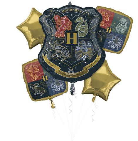 Harry Potter Balloon Bouquet in Manahawkin, NJ at Party Fair, featuring a 22-inch Hogwarts crest-shaped Mylar balloon, two square Hogwarts balloons, and two star-shaped balloons.