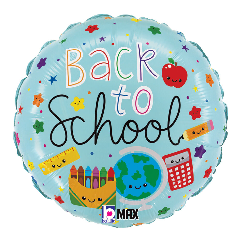 Back To School 18" Mylar Balloon in Manahawkin, NJ at Party Fair showing the helium-inflated balloon with its cheerful school-supplies design.